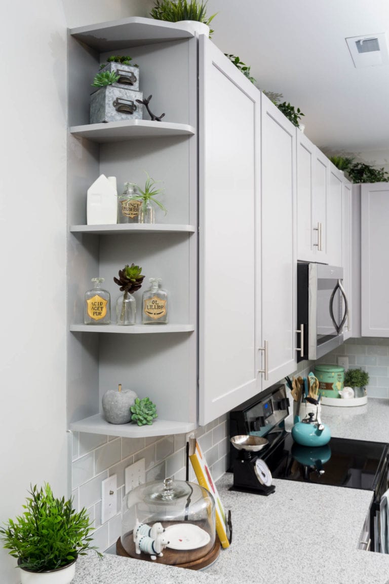 Built-in decorative shelves in kitchen | theRED Apartments | Cincinnati